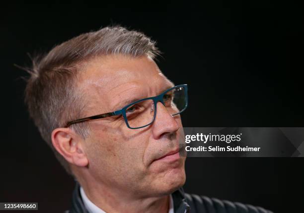 Manager Peter Knaebel looks on during the Second Bundesliga match between FC Hansa Rostock and FC Schalke 04 at Ostseestadion on September 25, 2021...