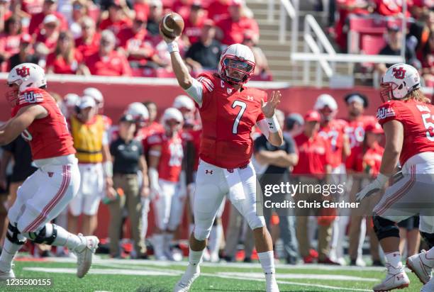 Cam Rising of the Utah Utes throws a pass against the Washington State Cougars during their game September 25, 2021 at Rice Eccles Stadium in Salt...