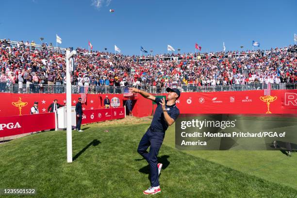 Justin Thomas of team United States excites the gallery on the first hole during the PM Fourball Matches for the 2020 Ryder Cup at Whistling Straits...