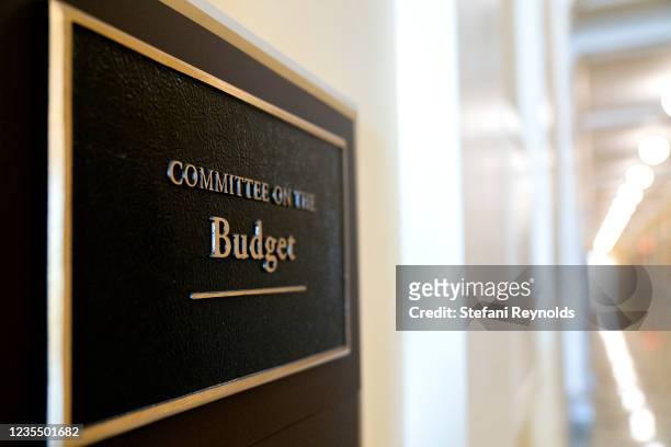 Committee on the Budget sign is displayed outside of a hearing room on Capitol Hill on September 25, 2021 in Washington, DC. The House Budget...