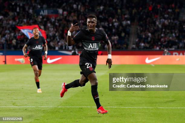 Idrissa Gueye of Paris Saint-Germain celebrates his goal during the Ligue 1 Uber Eats match between Paris Saint Germain and Montpellier at Parc des...