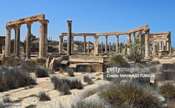 Picture shows a view of the marketplace in the ancient Roman city of Leptis Magna, near the coastal Libyan city of Al-Khums, 120Km east of the...