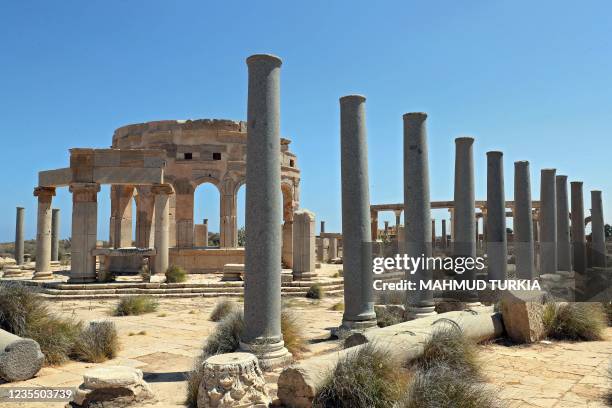 Picture shows a view of the marketplace with a circular "macellum" , in the ancient Roman city of Leptis Magna near the coastal Libyan city of...