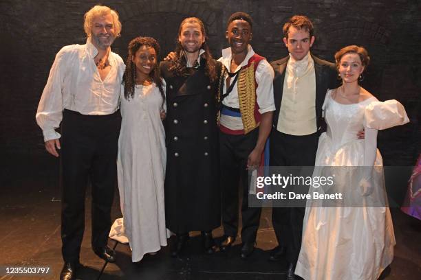 Cast members Jon Robyns, Chanice Alexander-Burnett, Bradley Jaden, Jordan Shaw, Harry Apps and Charlie Burn attend the reopening of "Les Miserables"...