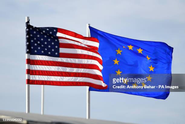General view of the American and European flag during day two of the 43rd Ryder Cup at Whistling Straits, Wisconsin. Picture date: Saturday September...