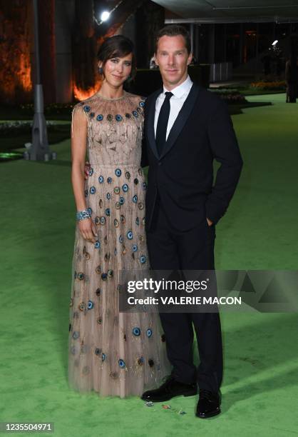 English actor Benedict Cumberbatch and his wife Sophie Hunter arrive for the Academy Museum of Motion Pictures opening gala on September 25, 2021 in...