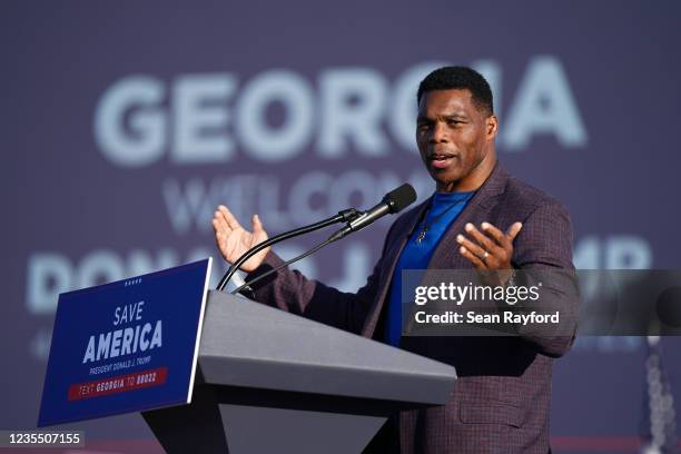 Republican Senate candidate Herschel Walker speaks at a rally featuring former US President Donald Trump on September 25, 2021 in Perry, Georgia....