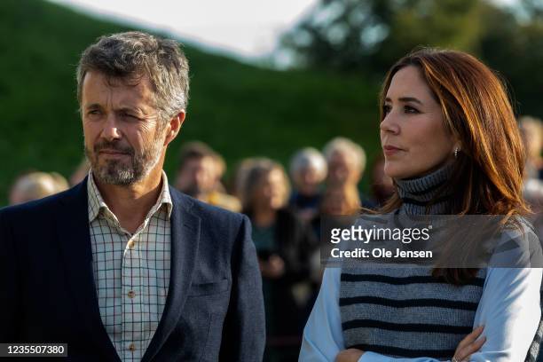 Crown Princess Mary and Crown Prince Frederik Of Denmark seen during their visit to the historical, Kings Jelling, on September 25, 2021 in Jelling,...