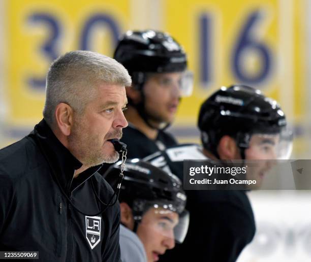 Los Angeles Kings head coach Todd McLellan looks on during practice at the Toyota Sports Performance Center on September 25, 2021 in El Segundo,...