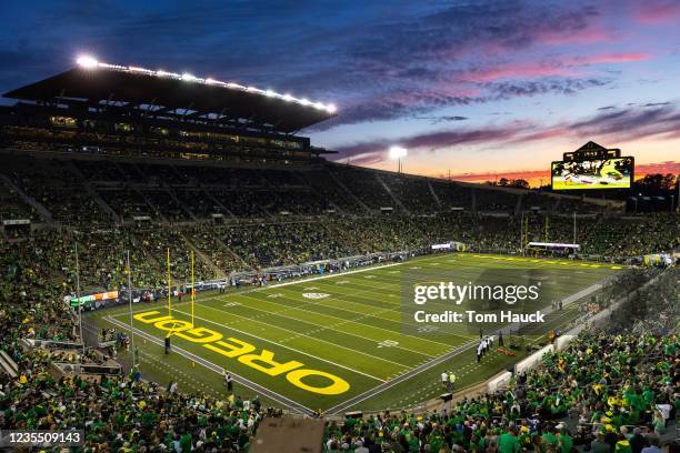 General view of Autzen Stadium before a football game between the Oregon Ducks and the Arizona Wildcats on September 25, 2021 in Eugene, Oregon.