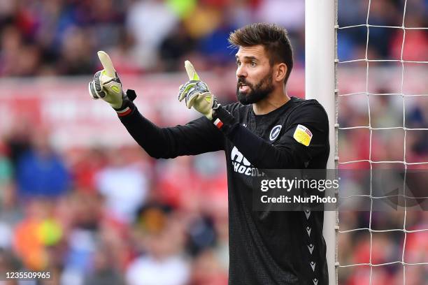 Bartosz Bialkowski of Millwall gestures during the Sky Bet Championship match between Nottingham Forest and Millwall at the City Ground, Nottingham,...