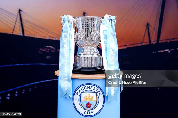 Illustration of Carabao Cup trophy won by Manchester City during the Ligue 1 Uber Eats match between Troyes and Angers at Stade de l'Aube on...