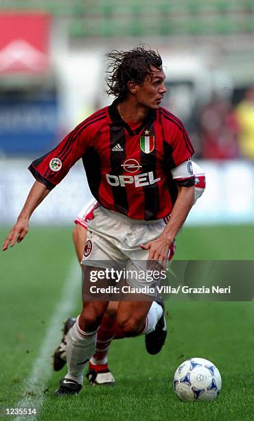 Paolo Maldini, the Milan captain, in action during the Serie A match between AC Milan and Perugia, played at the San Siro in Milan, Italy. Milan won...