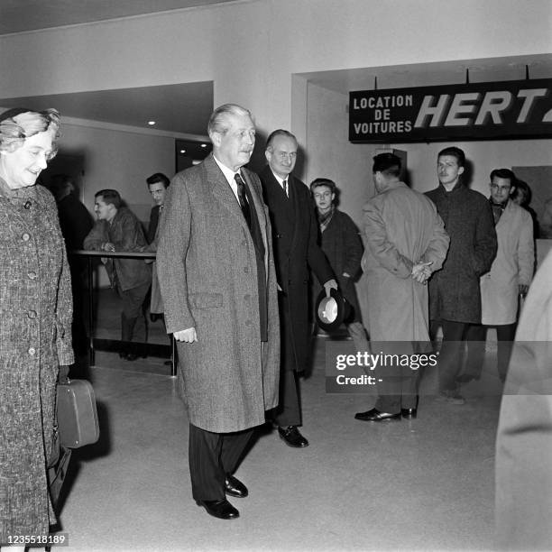 Prime Minister of Great Britain Harold Macmillan and his wife Dorothy MacMillan are welcomed at Le Bourget by the British Ambassador in Paris Sir...