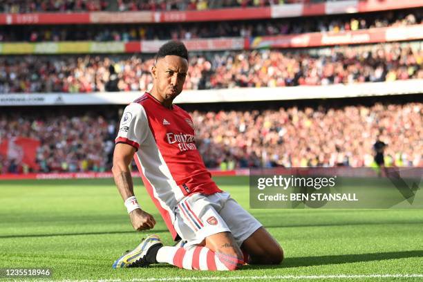 Arsenal's Gabonese striker Pierre-Emerick Aubameyang celebrates after scoring their second goal during the English Premier League football match...