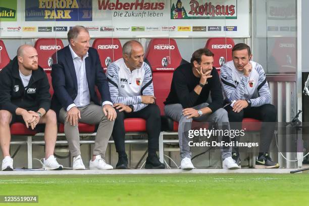 Director of sport Stefan Reuter of FC Augsburg and head coach Markus Weinzierl of FC Augsburg looks dejected during the Bundesliga match between...