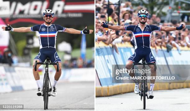 This combination of file pictures made on September 26 shows, France's Julian Alaphilippe crossing the finish line to win the men's elite cycling...