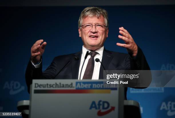Alternative for Germany party co-chairman Joerg Meuthen speaks during the Alternative for Germany election event during the Alternative for Germany...