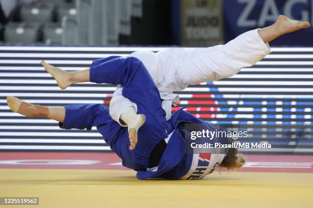 Renee Van Harselaar of Netherlands and Emma Reid of Great Britain compete in the Women's -78kg bronze medal match during day 3 of the Judo Grand Prix...