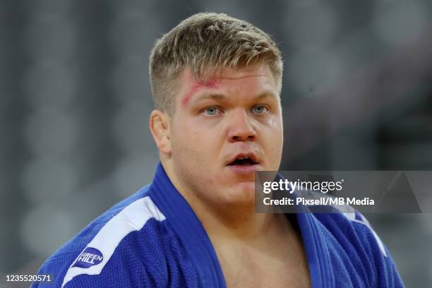 Martti Puumalainen of Finland reacts in the Men's +100kg bronze medal match during day 3 of the Judo Grand Prix Zagreb 2021 at Arena Zagreb in...