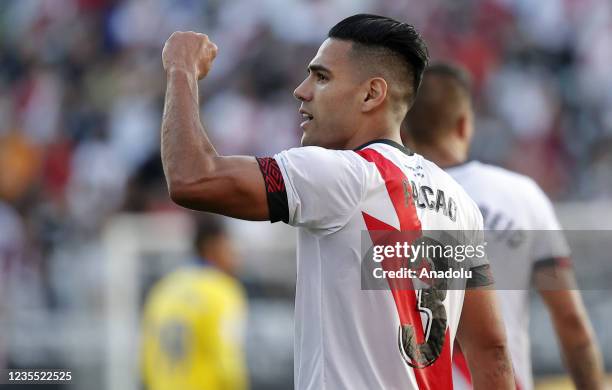 Radamel Falcao of Rayo Vallecano celebrates after scoring a goal during the LaLiga Santander match between Rayo Vallecano and Cadiz CF at Campo de...