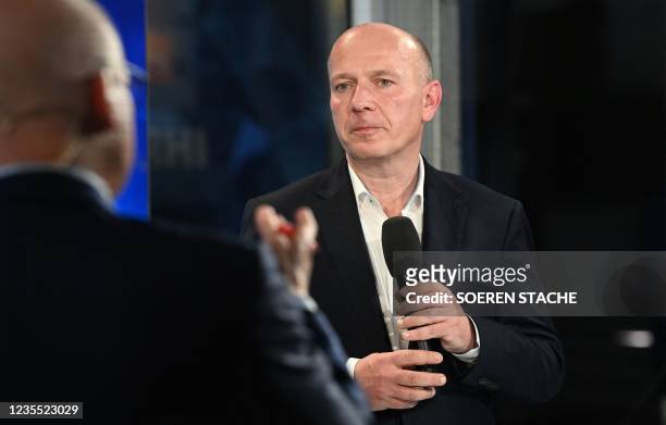 Top candidate for the state elections of Berlin, Christian Democratic Union conservative party's Kai Wegner attends a televised discussion at the...