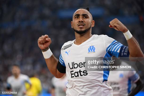 Marseille's French midfielder Dimitri Payet celebrates after scoring a goal during the French L1 football match between Olympique Marseille and RC...