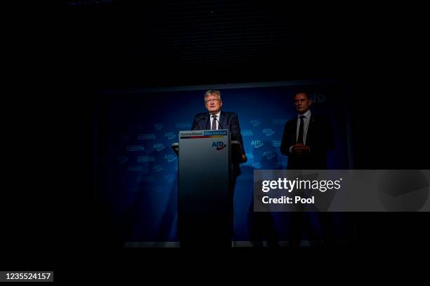 Alternative for Germany party co-chairman Joerg Meuthen speaks while Alternative for Germany right-wing political party co-chairman and candidate for...