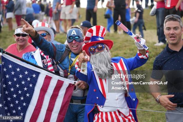 The crowd cheers on the U. S. Team during the Sunday Singles Matches at the 2020 Ryder Cup at Whistling Straits on September 26, 2021 in Kohler,...