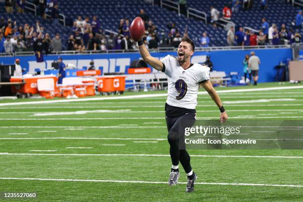 Baltimore Ravens place kicker Justin Tucker celebrates at the end of the game after kicking a game-winning record-setting 66-yard field goal with...