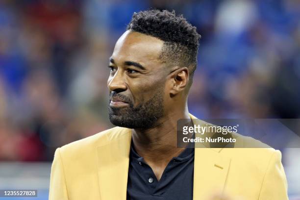 Former Detroit Lions wide receiver Calvin Johnson, Jr., Megatron, is honored after his recent induction into the Hall of Fame during a special...