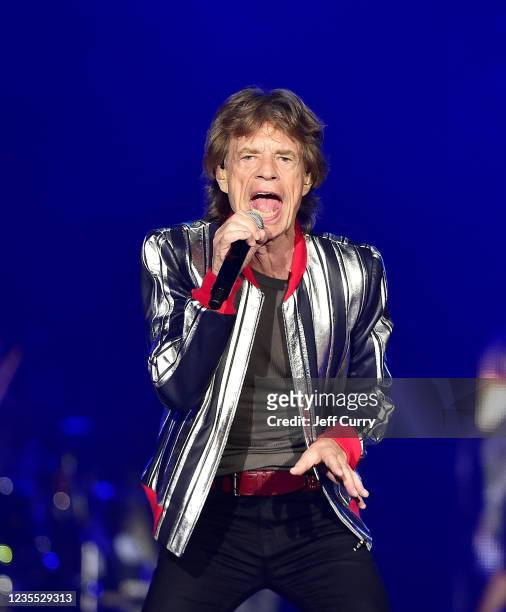 Mick Jagger of The Rolling Stones perform during the 2021 "No Filter" Tour Opener - St. Louis at The Dome at Americas Center on September 26, 2021 in...