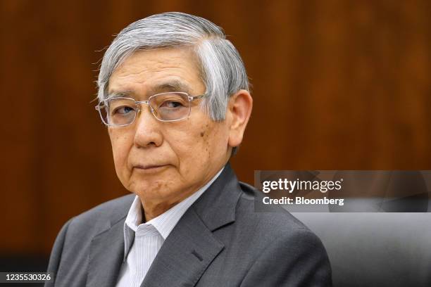 Haruhiko Kuroda, governor of the Bank of Japan , ahead of a virtual meeting with business leaders in Osaka at the central bank's headquarters in...