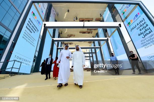 Visitors are pictured in the Israel pavilion during a media tour ahead of the opening of the Dubai Expo 2020 in the Gulf Emirate on September 27,...