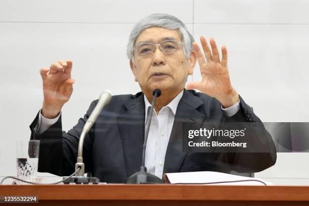 Haruhiko Kuroda, governor of the Bank of Japan , speaks during a news conference at the central bank's headquarters in Tokyo, Japan, on Sept. 27,...