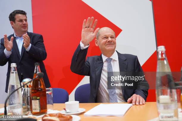 Olaf Scholz, chancellor candidate of the German Social Democrats , speaks to the media at the Federal Chancellery following the SPD's narrow win in...