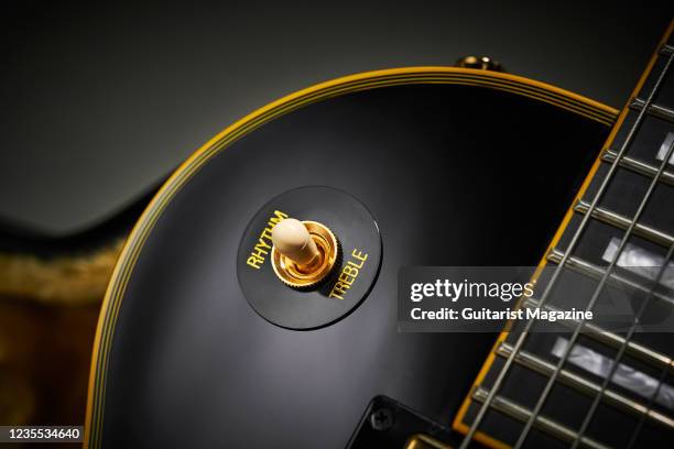 Detail of the pickup selector on an Epiphone Joe Bonamassa Black Beauty Les Paul Custom electric guitar, taken on October 8, 2020.