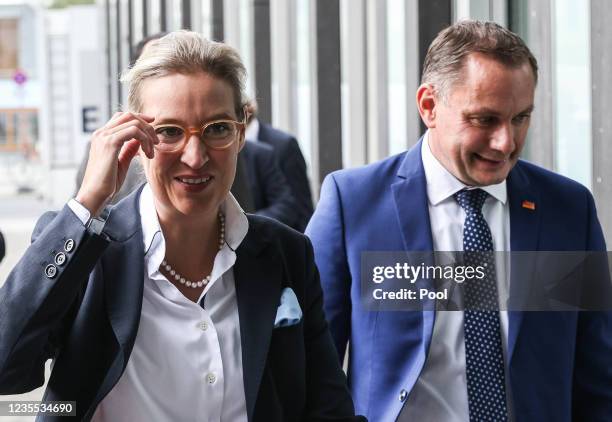 Alternative for Germany party deputy chairwoman Alice Weidel and Alternative for Germany right-wing political party co-chairman Tino Chrupalla arrive...