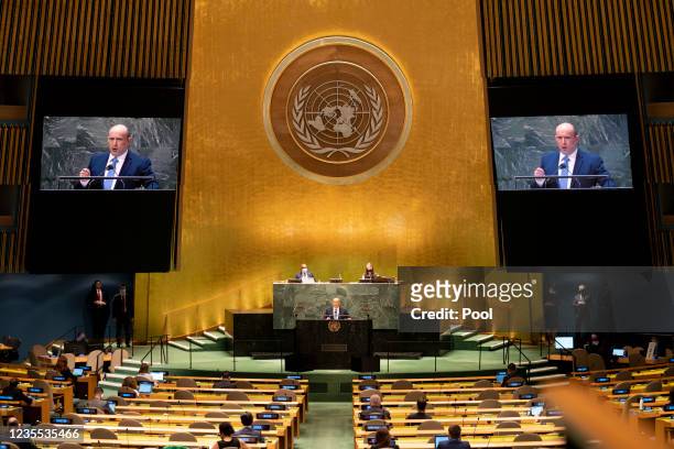 Prime Minister of Israel Naftali Bennett addresses the 76th Session of the United Nations General Assembly on September 27, 2021 at U.N. Headquarters...