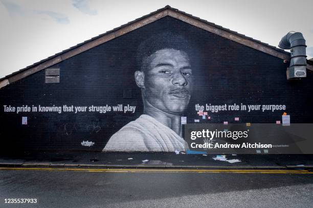 The Marcus Rashford mural displayed on the side of a cafe in Withington, south Manchester on the 6th of August 2021, Manchester, United Kingdom. The...