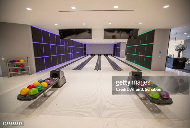 Beverly Hills, CA A view of the four-lane bowling alley at The One Bel Air, a 105,000-square-foot mansion by Nile Niami of Skyline Development and...