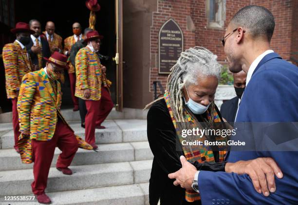 Cambridge Dr. Janet Jemmott, widow of Robert Moses, leaves the memorial service for Robert Moses, a renowned civil rights activist, at St. Marys of...