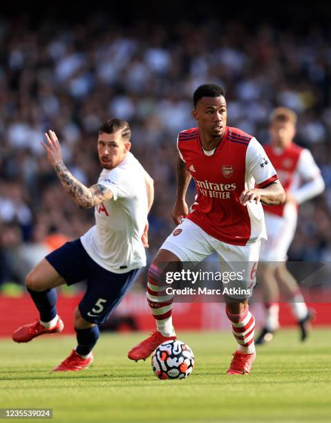 Gabriel of Arsenal in action with Pierre-Emile Hojbjerg of Tottenham Hotspur during the Premier League match between Arsenal and Tottenham Hotspur at...