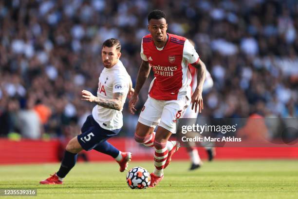 Gabriel of Arsenal in action with Pierre-Emile Hojbjerg of Tottenham Hotspur during the Premier League match between Arsenal and Tottenham Hotspur at...
