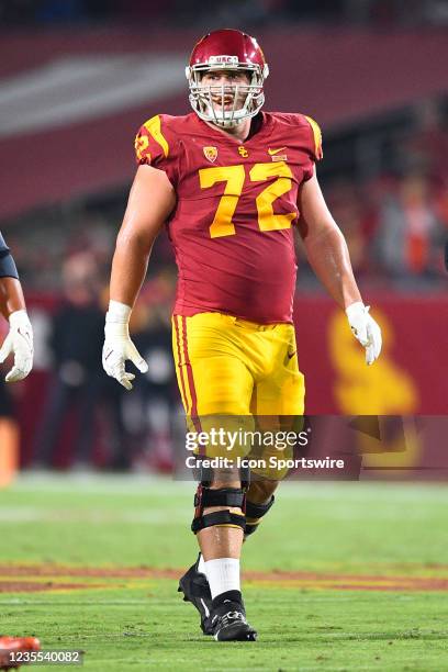 Trojans offensive lineman Andrew Vorhees looks on during a college football game between the Oregon State Beavers and the USC Trojans on September 25...