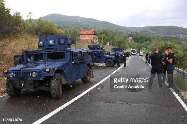 View from the road to the Jarinje and Bernjak border crossings on the Serbian border in the north of Kosovo as roads guarded by special units of the...