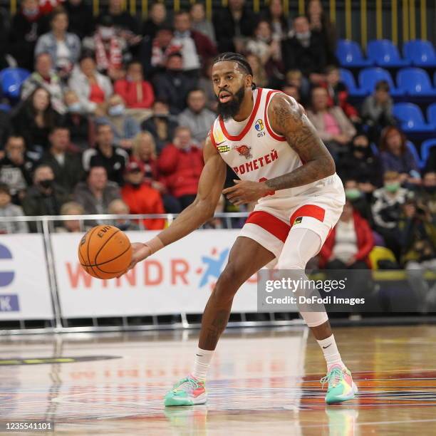 Dalenta Jameral "D. J." Stephens of BC Prometey controls the ball during the Basketball SuperLeague match between BC Prometey and BC Zaporozhia at SC...