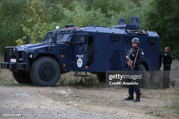 View from the road to the Jarinje and Bernjak border crossings on the Serbian border in the north of Kosovo as roads guarded by special units of the...