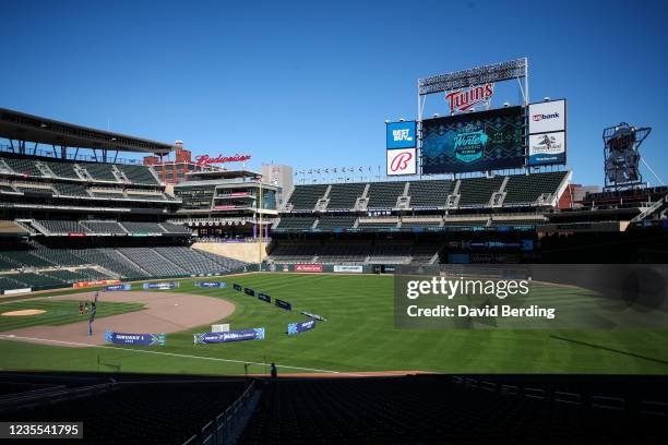 View of Target Field with signs set up displaying information for the Winter Classic between the St. Louis Blues and Minnesota Wild at Target Field...