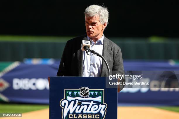 Owner Tom Stillman of the St. Louis Blues addresses media at a press conference for the NHL Winter Classic between the St. Louis Blues and Minnesota...